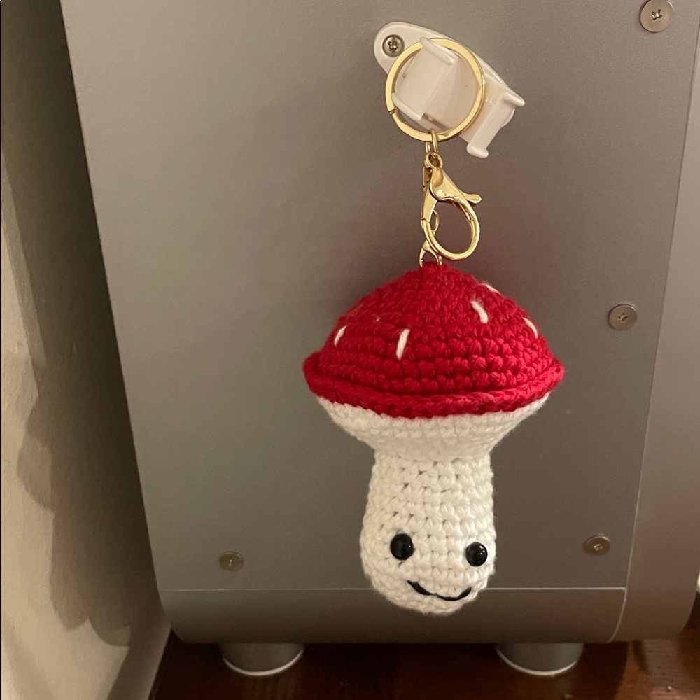 Handmade Charming Red and White Crochet Mushroom Keychain